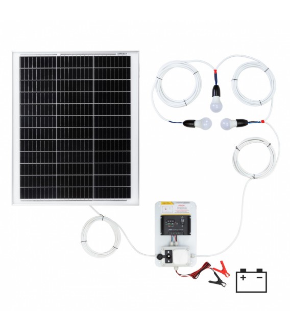 Sistem de iluminat solar 50 W cu regulator de reîncărcare solar PWM 10 A și 2 becuri LED