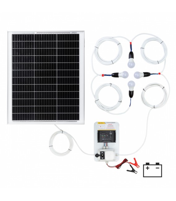 Sistem de iluminat solar 50 W cu regulator de reîncărcare solar PWM 10 A și 2 becuri LED